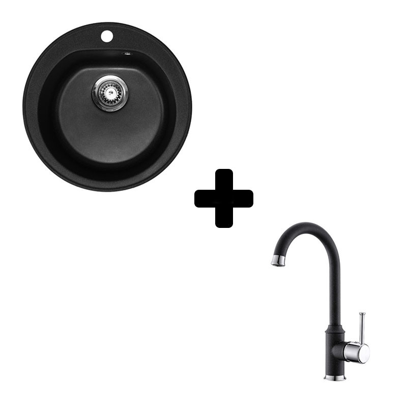 Metalac granitna usadna sudopera xVenera crna E510 ø90 + xGranit slavina Arc N za sudoperu crna