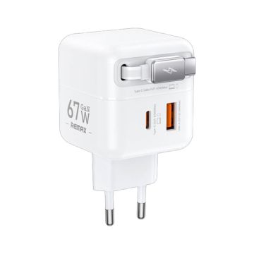REMAX Strujni Fast teleskopski punjac Dolly GAN (1x USB Tip-A 3.0 +1x USB Tip-C) 67W, sa integrisanim USB Tip-C kablom 0.5m, beli